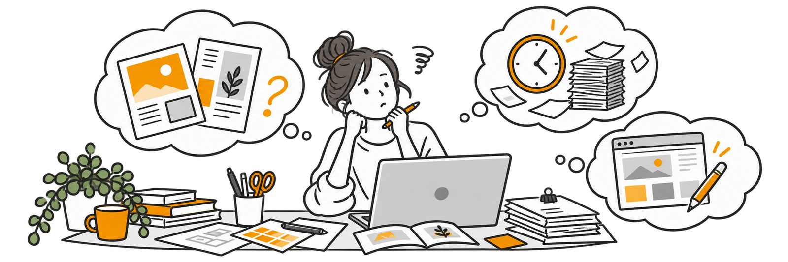 デザインのまとめ方や制作時間、Web更新に悩む担当者の手描きイラスト